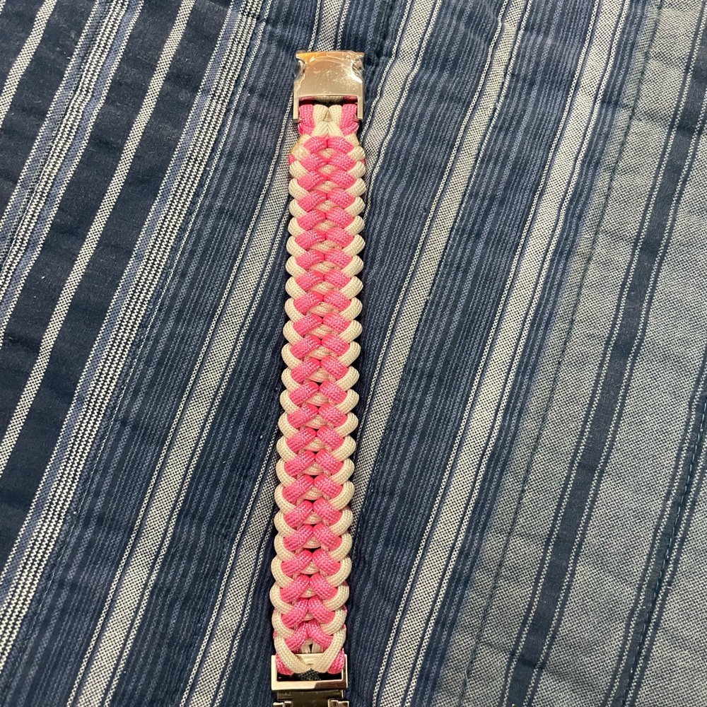 Handcrafted handmade pink white Paracord bracelet silver metal clasp 8.5 inches - Picture 10 of 11